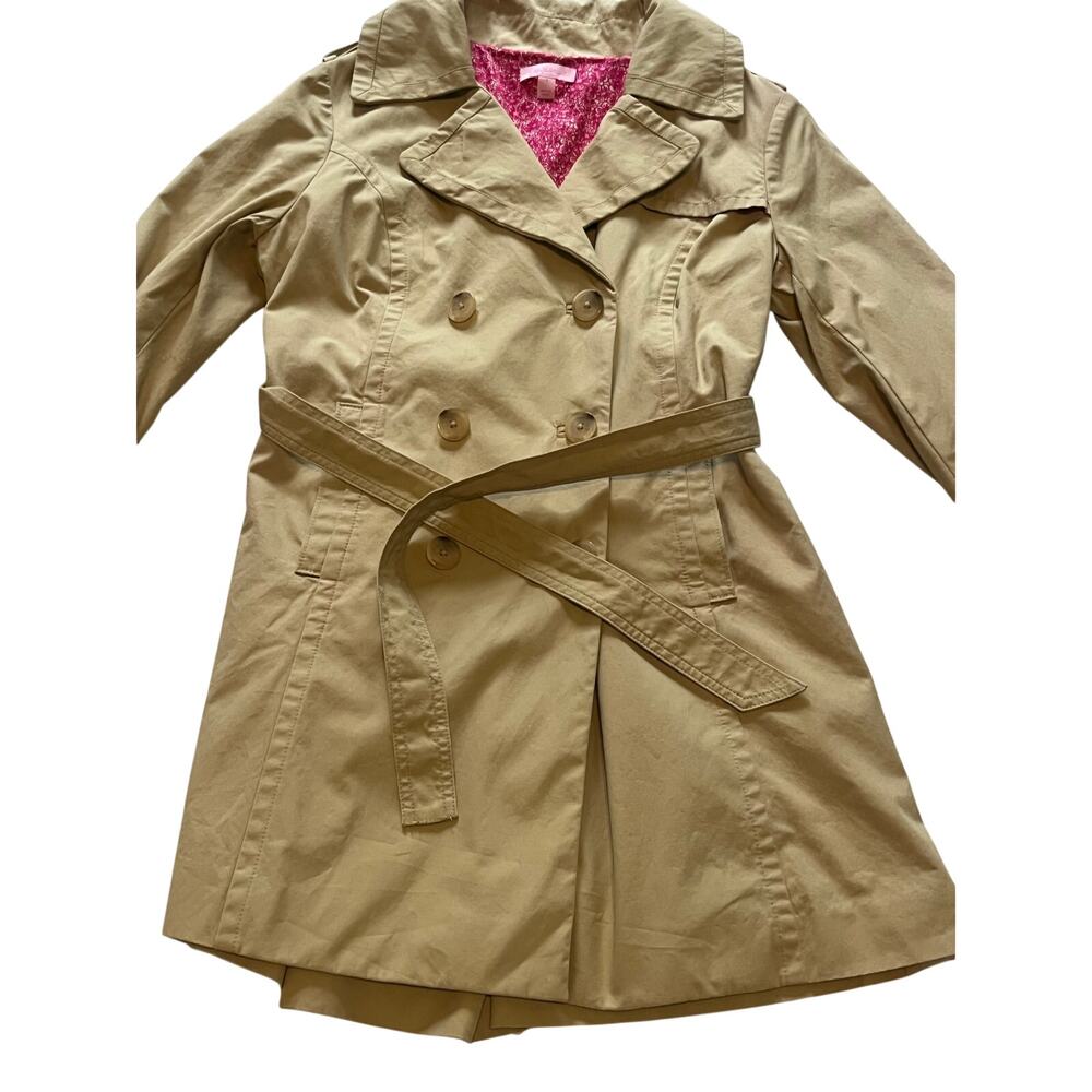 Lilly Pulitzer Trench Coat Tan Khaki Pink Floral Lining Belted Cotton Size 4